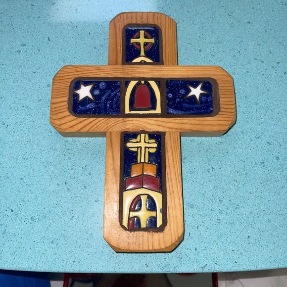 Debora Duran Geiger Cross Wall Art Handmade Signed Tile Wood Collectible Mexico - Picture 5 of 5